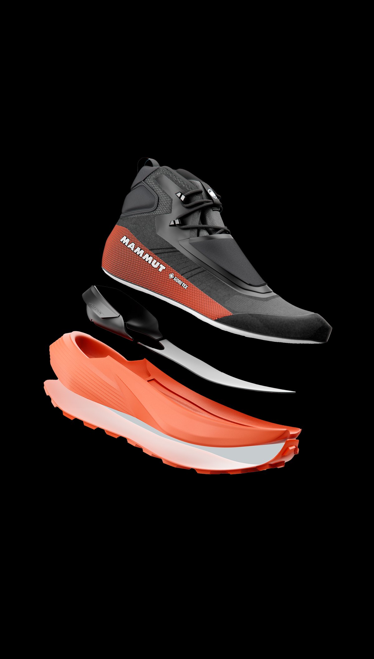 Exploded view of a black and orange Mammut trail running shoe, highlighting the sole, cushioning layers, and advanced internal components designed for mountain performance.