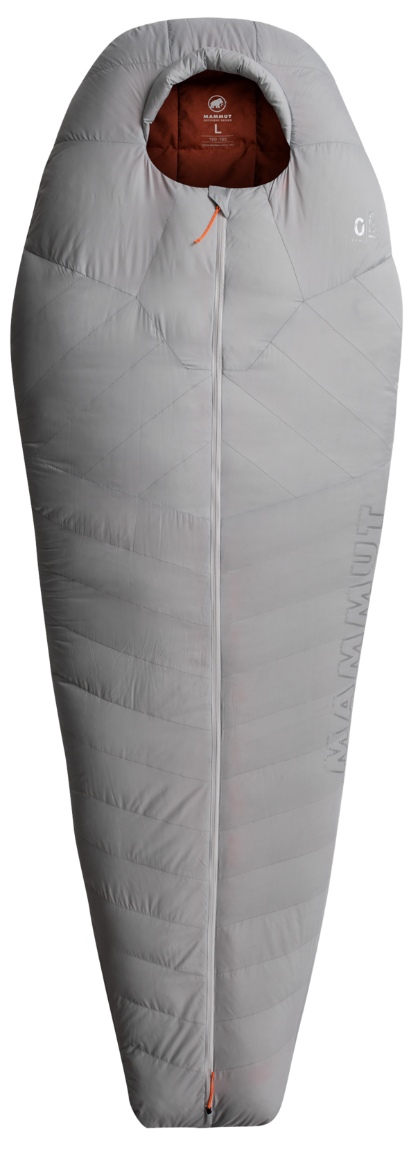 Gray mummy-shaped sleeping bag with hood, central zipper, and Mammut logo near the top, designed for mountaineering and outdoor adventures.