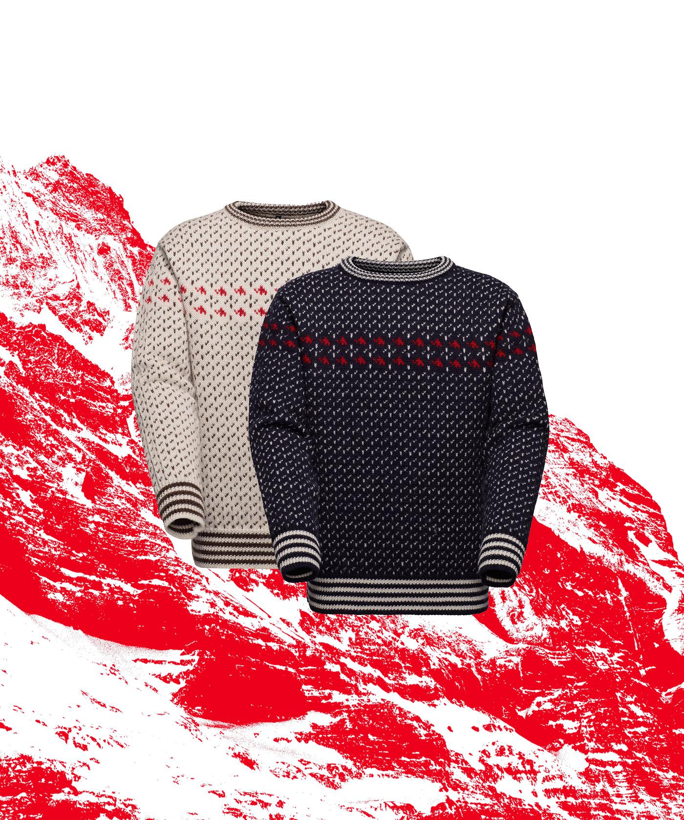 Two Mammut patterned sweaters, one cream and one navy, displayed against a stylized red and white mountain-themed backdrop.