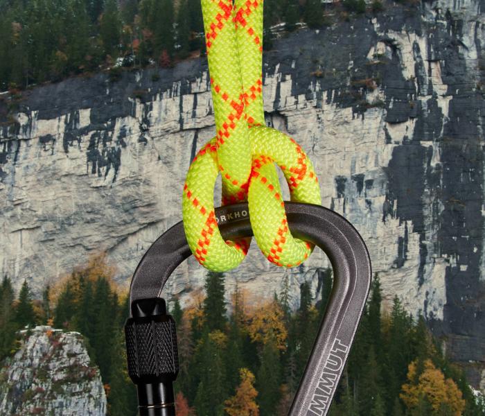 Close-up of a Mammut carabiner securely clipped to a vibrant yellow climbing rope, set against the rugged backdrop of a rock cliff and lush trees.