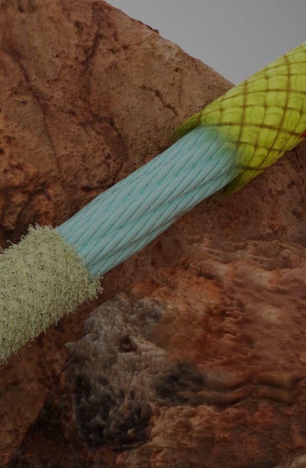 Close-up of a Mammut climbing rope with an outer layer partially removed, revealing intertwined blue fibers inside.
