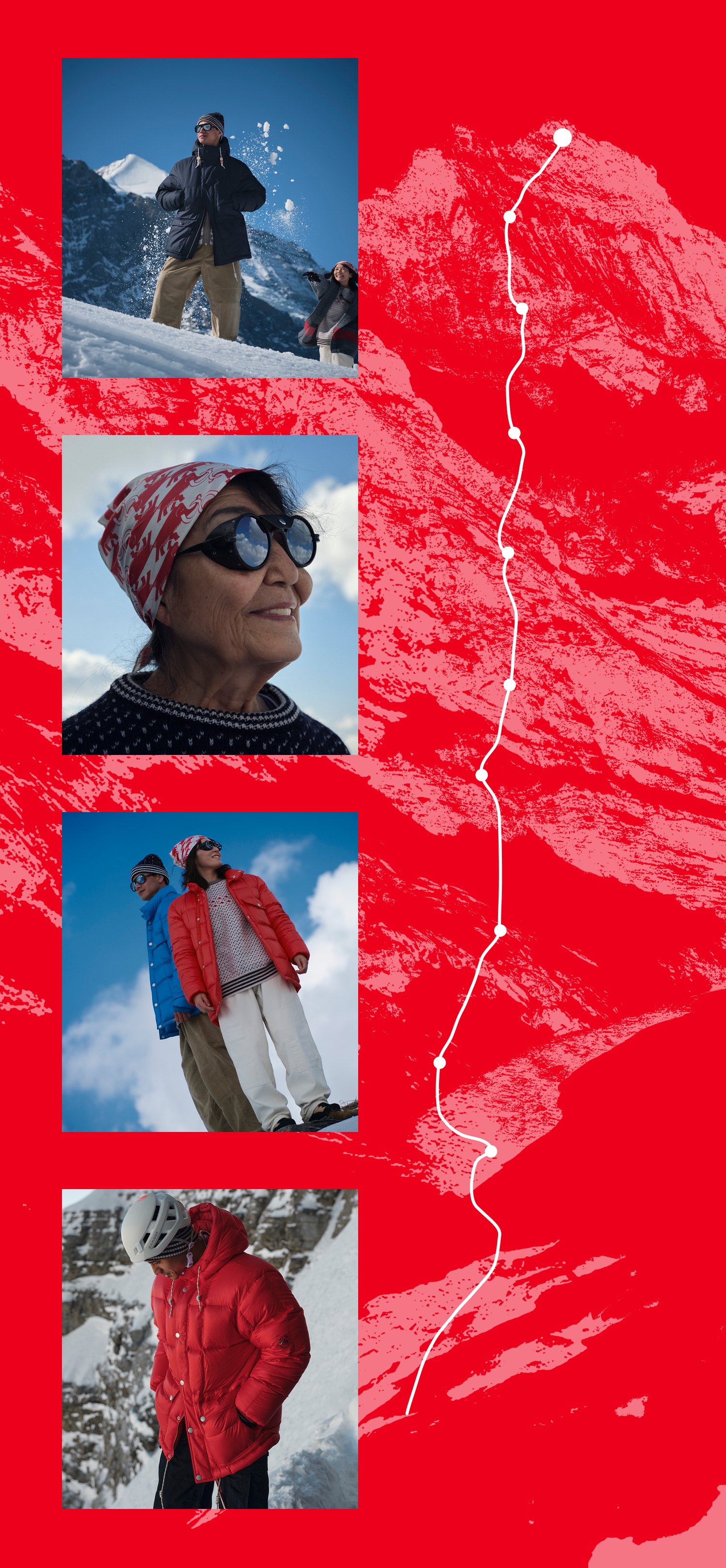 Four winter outdoor scenes with people wearing Mammut snow gear, set against a bold red, mountain-themed backdrop.